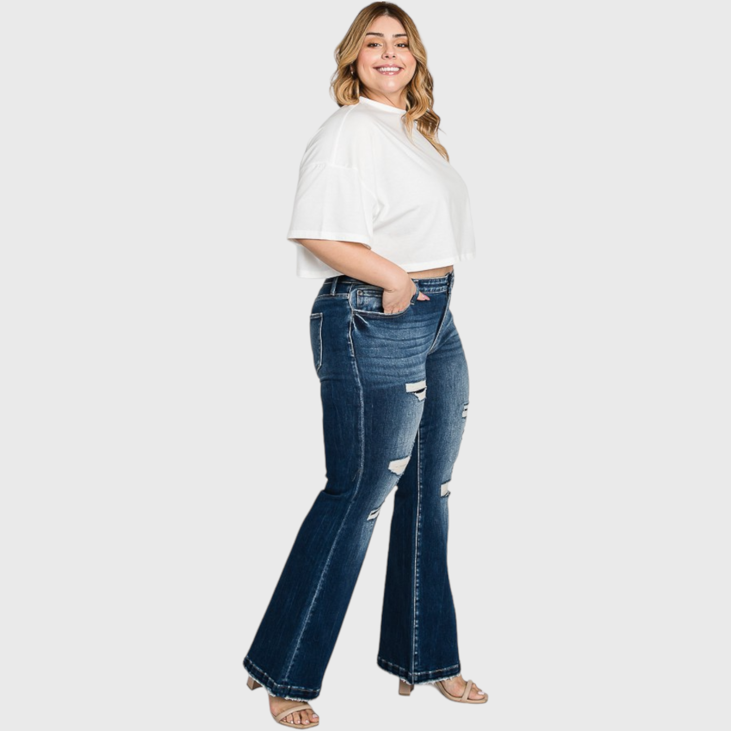 PX221MF-MD (PLUS SIZE) DESTROYED MID RISE STRETCH FLARE