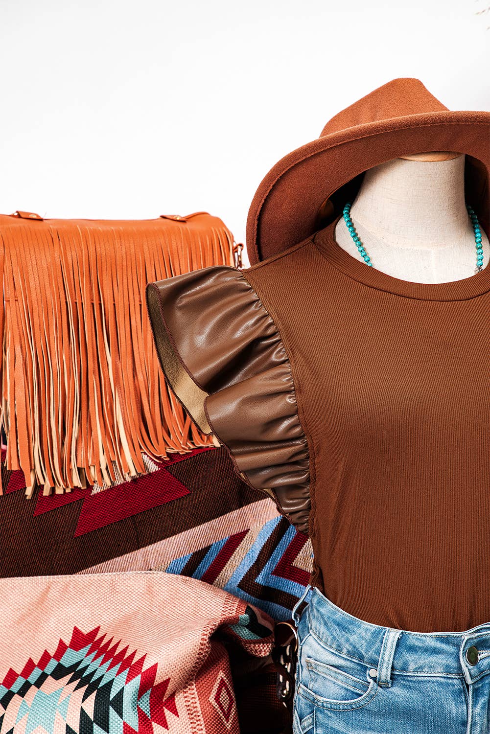 Fashion-W Leather Ruffle Sleeve Patchwork Round Neck Blouse