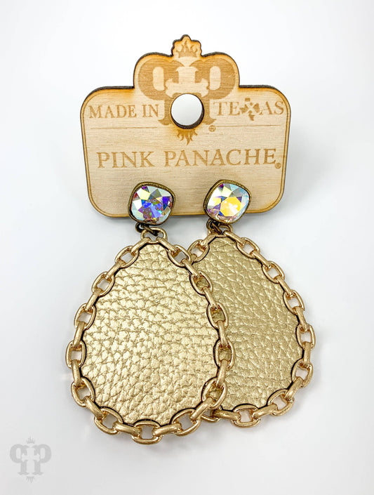 Pebbled leather teardrop earring, Austrian crystal