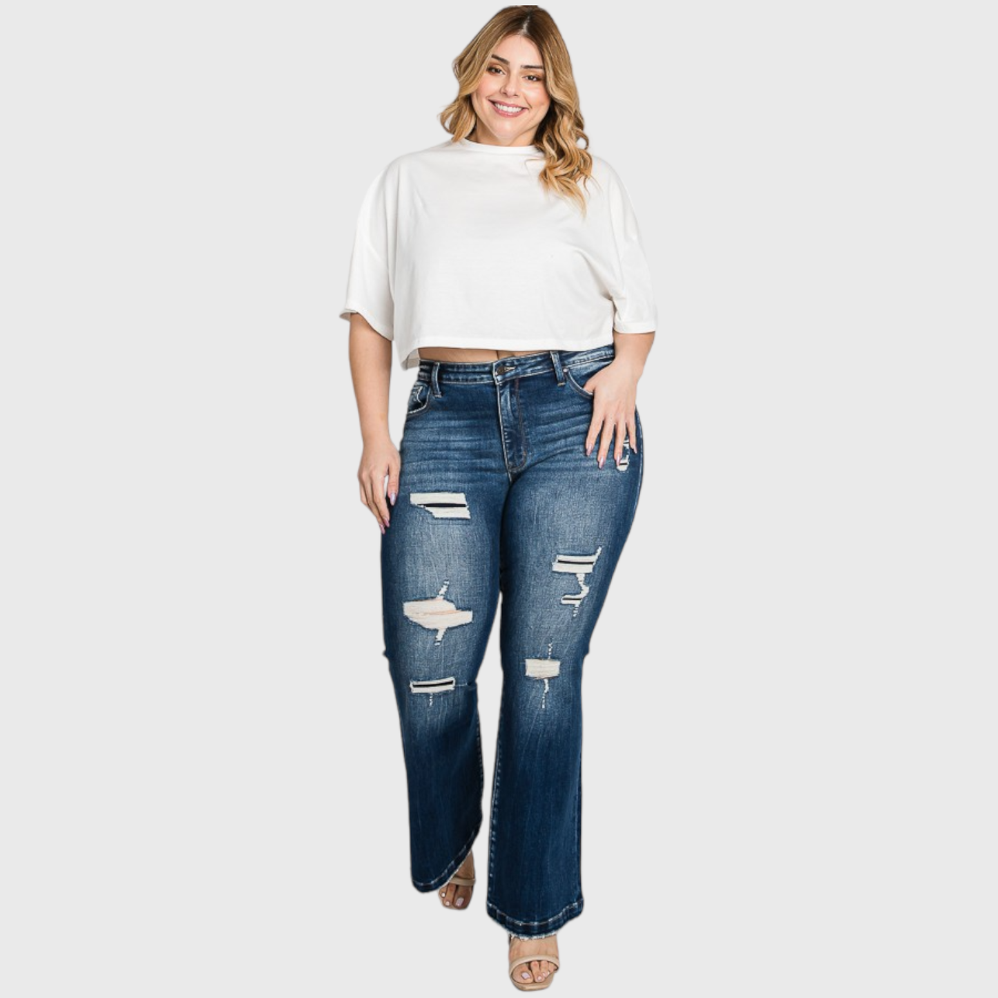 PX221MF-MD (PLUS SIZE) DESTROYED MID RISE STRETCH FLARE