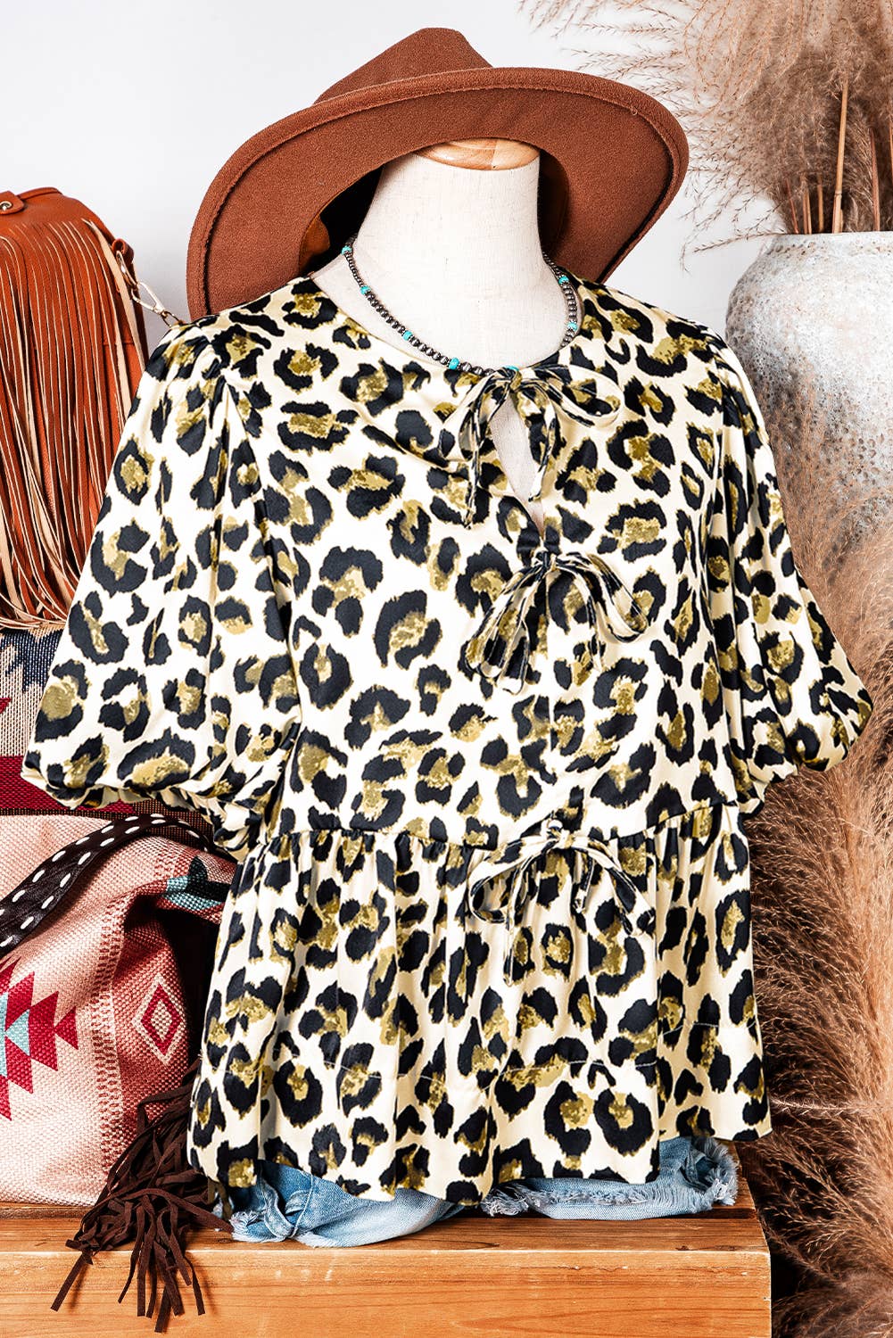 Western Leopard Bubble Sleeve Bow Tie Front Peplum Blouse
