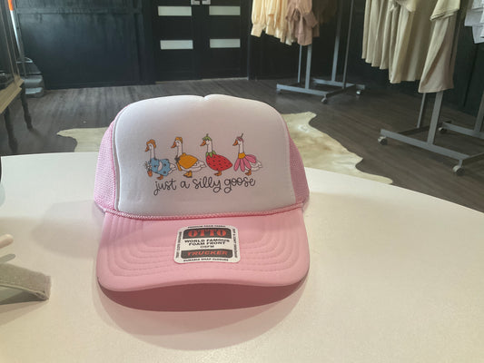 Just a Silly Goose DTF Printed Light Pink And White Trucker Hat