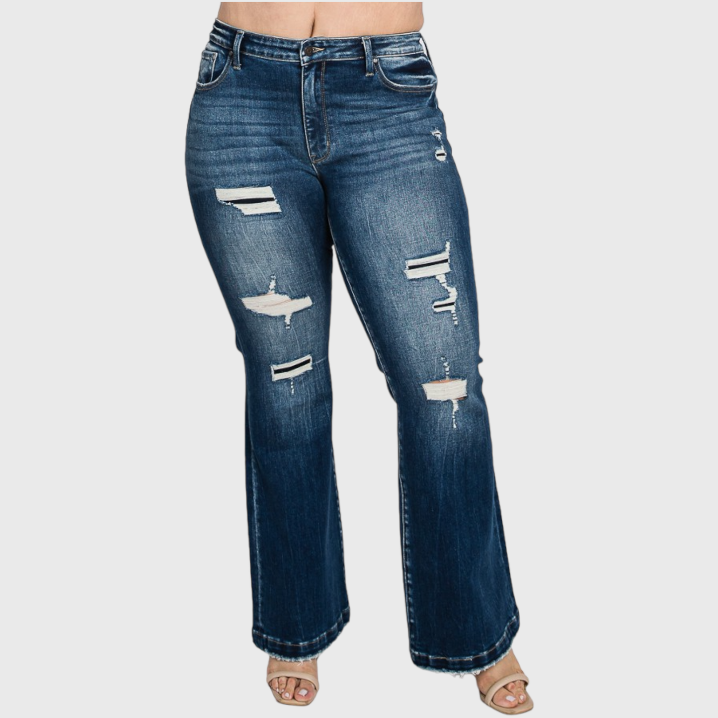 PX221MF-MD (PLUS SIZE) DESTROYED MID RISE STRETCH FLARE