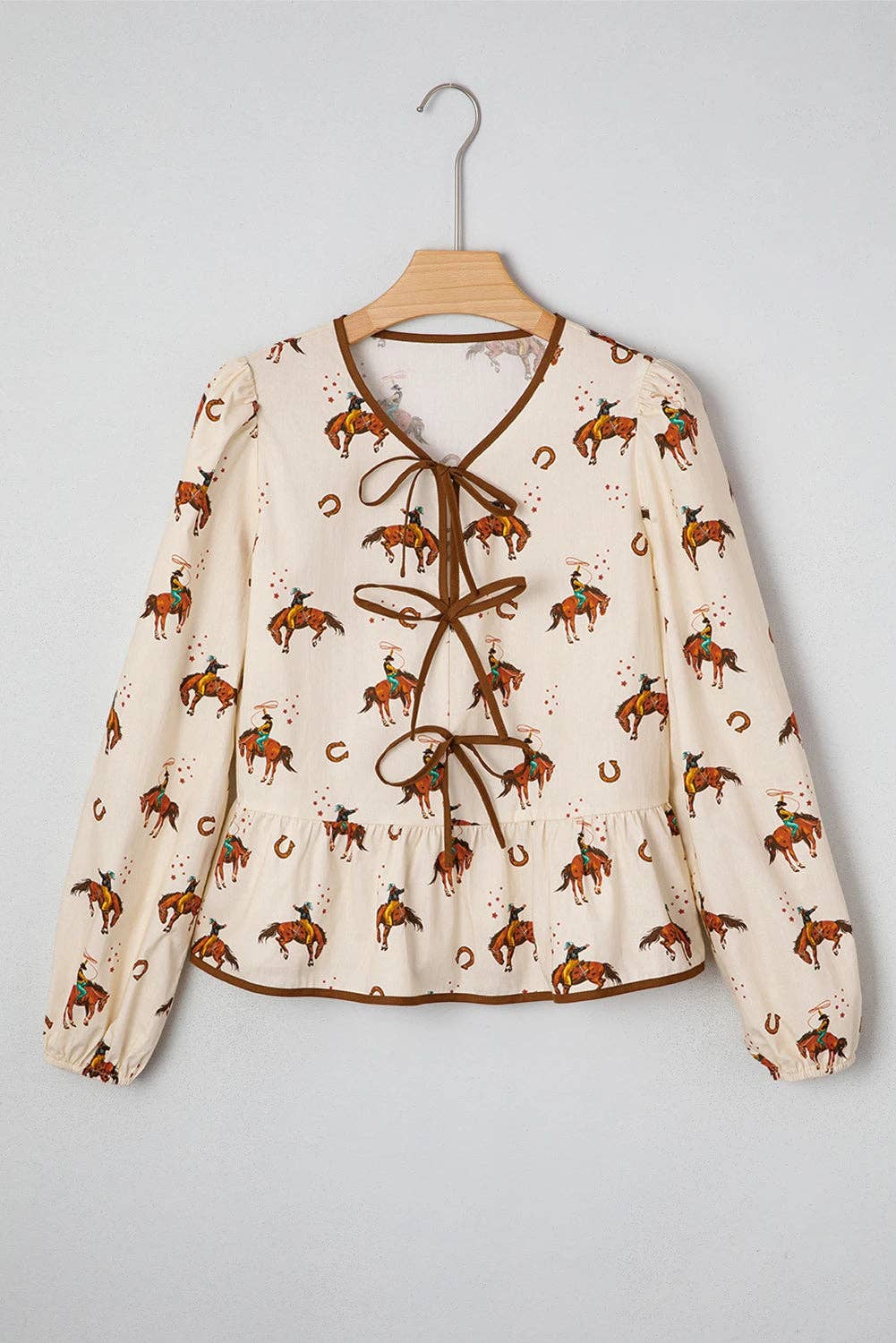 Apricot Western Rodeo Print Tied Front Puff Sleeve Peplum Top