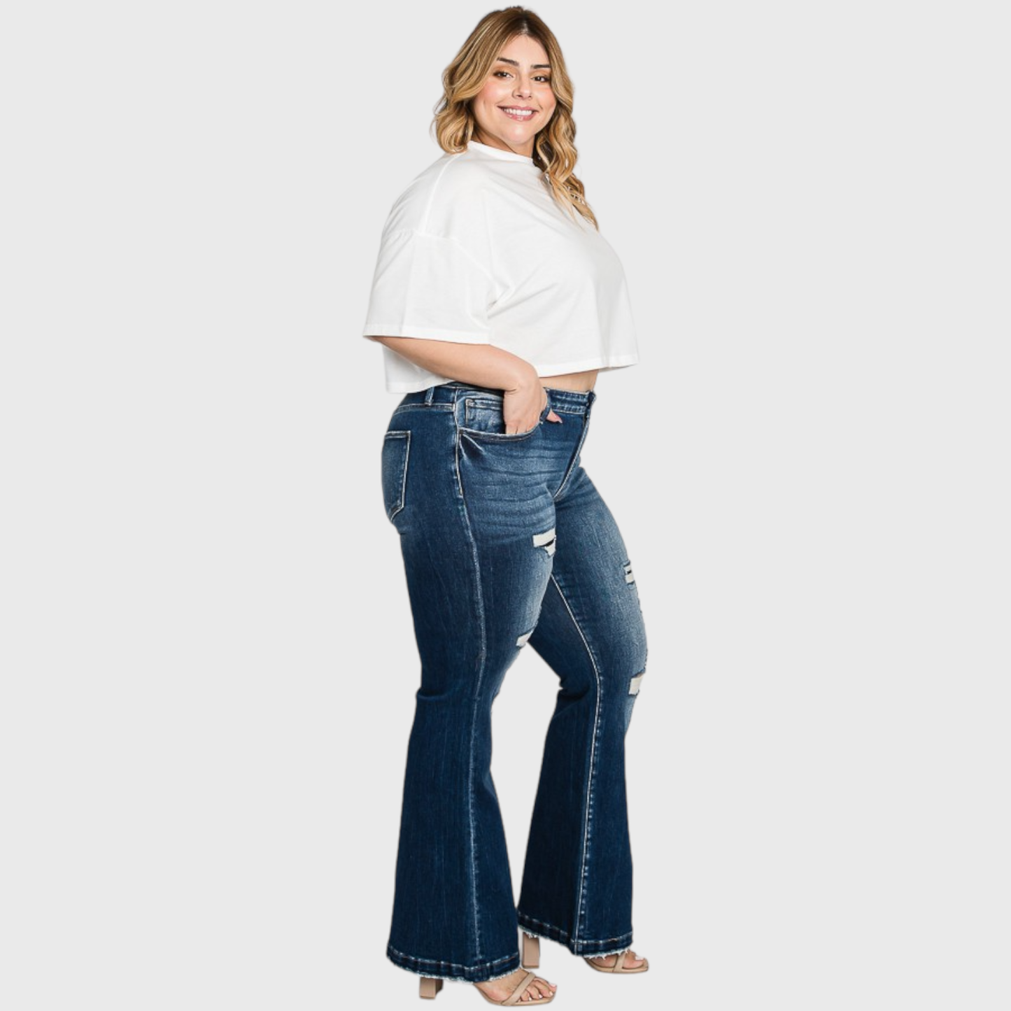 PX221MF-MD (PLUS SIZE) DESTROYED MID RISE STRETCH FLARE
