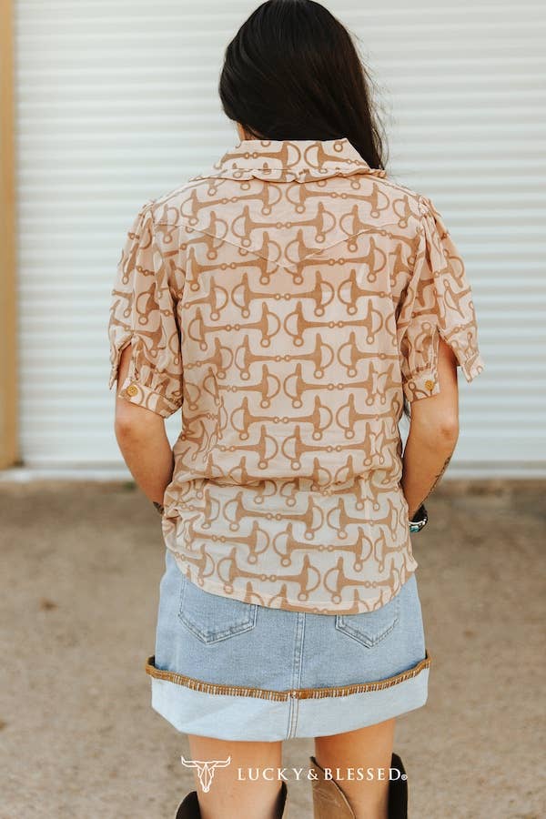 Plus Size Horse Snaffle Bit Printed Collared Button Down Puff Shirt
