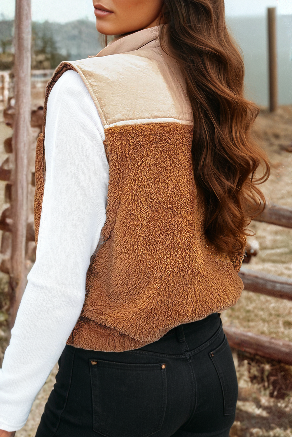 Color Block Plush Patched Zipper Stand Neck Vest