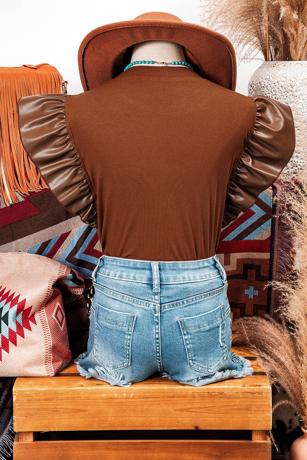 Fashion-W Leather Ruffle Sleeve Patchwork Round Neck Blouse