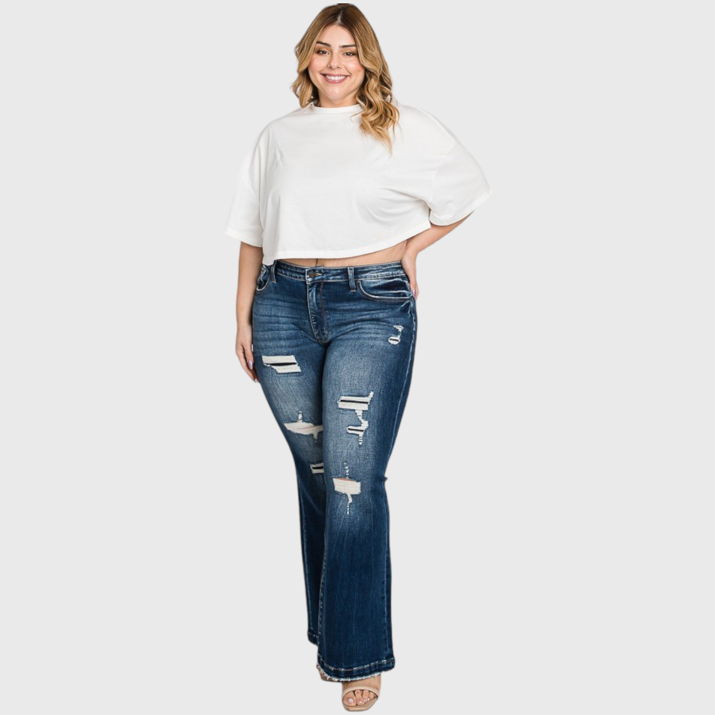 PX221MF-MD (PLUS SIZE) DESTROYED MID RISE STRETCH FLARE