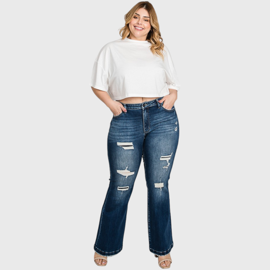 PX221MF-MD (PLUS SIZE) DESTROYED MID RISE STRETCH FLARE