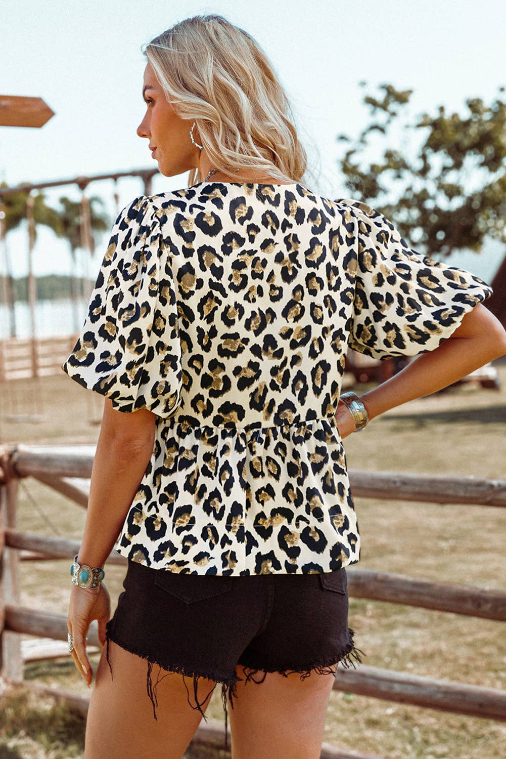 Western Leopard Bubble Sleeve Bow Tie Front Peplum Blouse