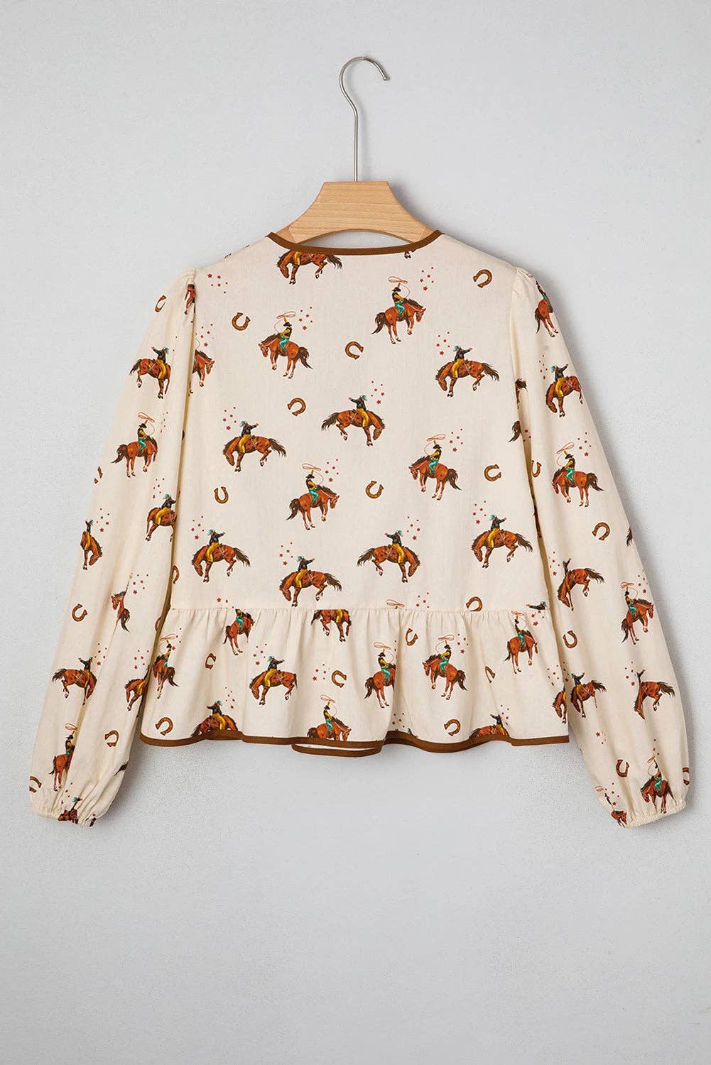 Apricot Western Rodeo Print Tied Front Puff Sleeve Peplum Top