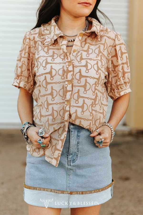 Horse Snaffle Bit Printed Collared Button Down Puff Shirt