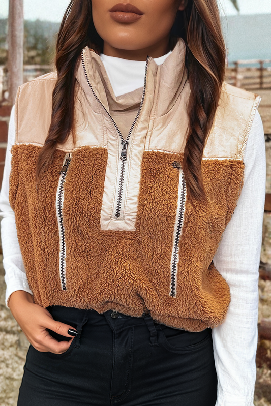 Color Block Plush Patched Zipper Stand Neck Vest