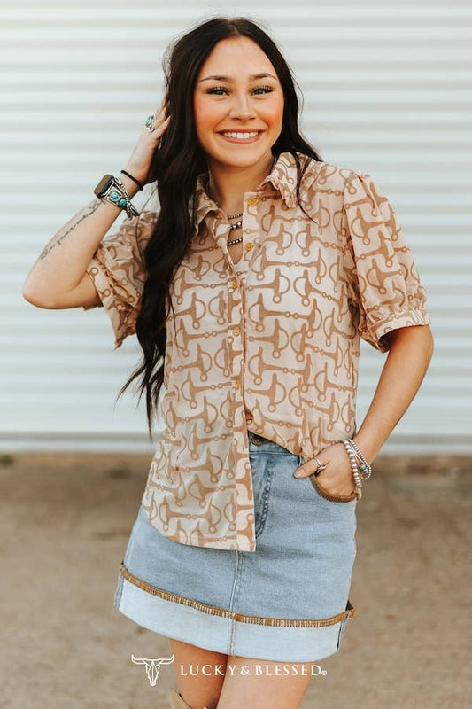 Plus Size Horse Snaffle Bit Printed Collared Button Down Puff Shirt